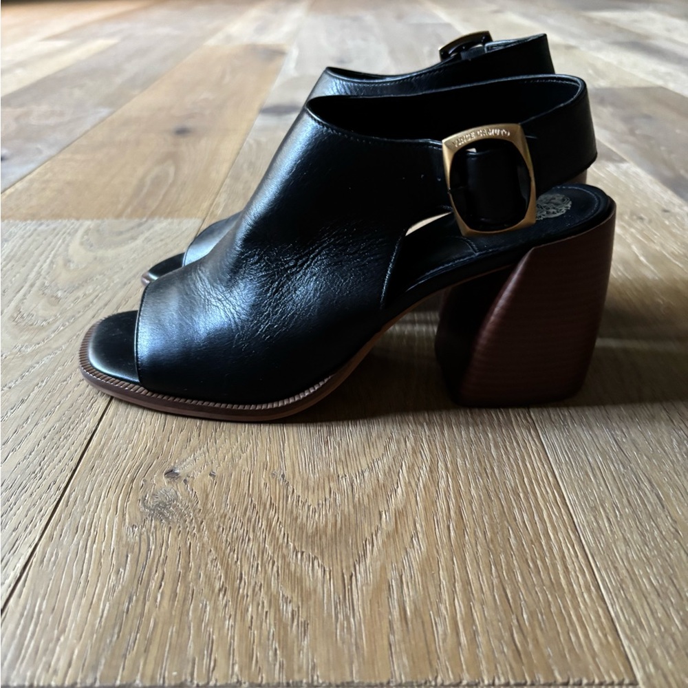 Vince Camuto Black Leather Open-Toe Heels Preena Leather Heel - Picture 8 of 9